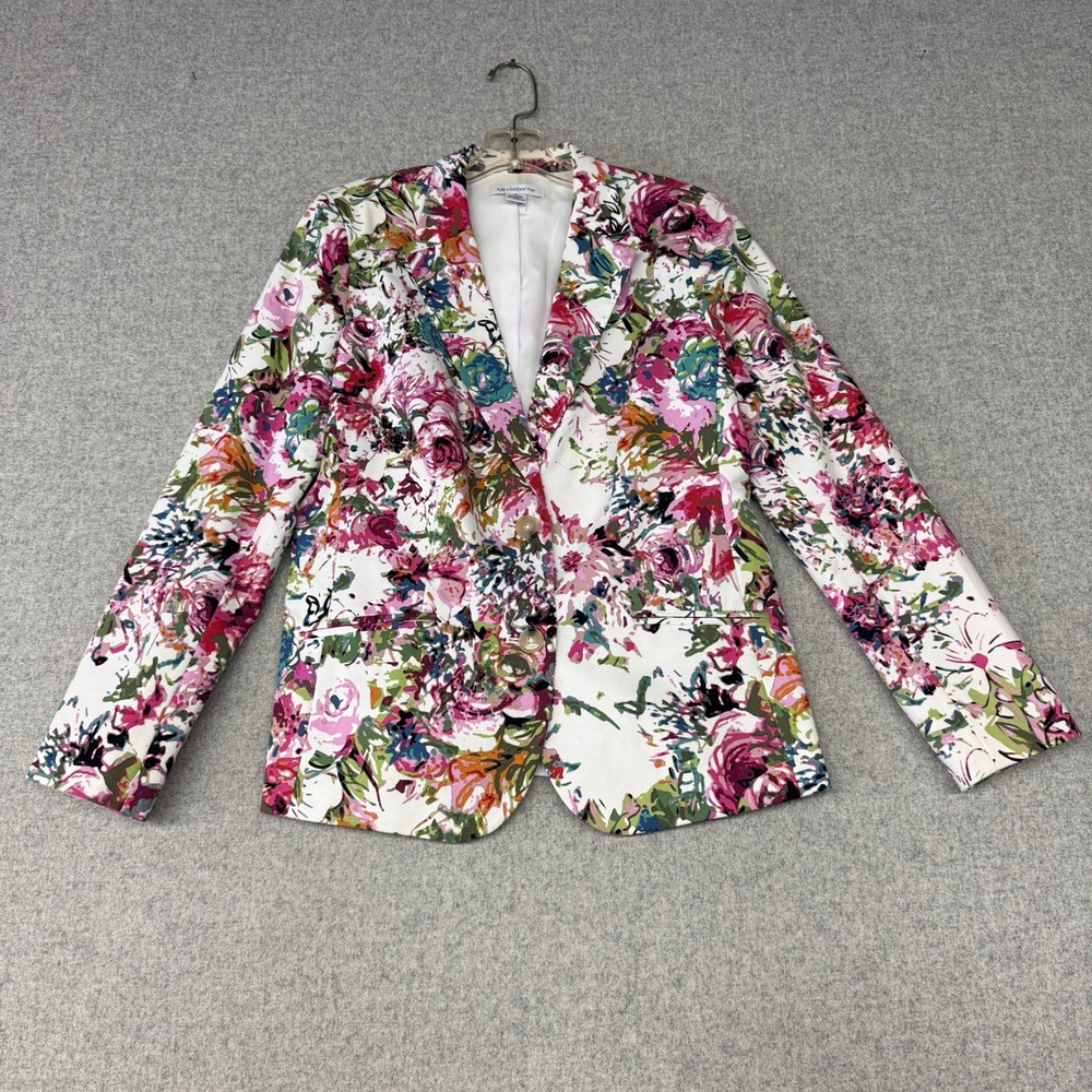 Liz Claiborne Floral Blazer Size M White Pink Green Blue 2 Button Cotton Stretch